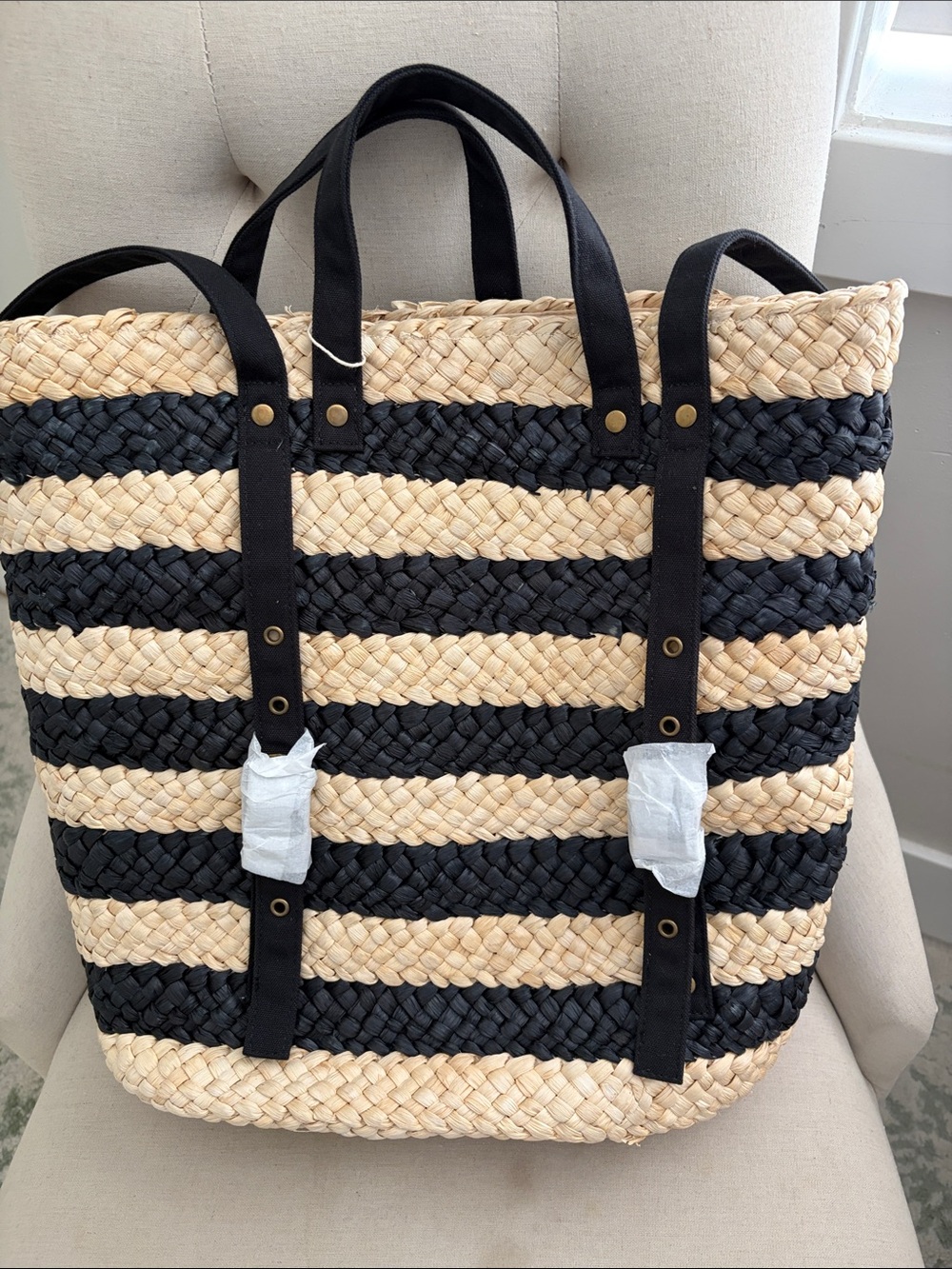 l*space Black and Natural Striped Woven Tote